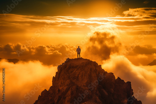 Silhouette of a person on the top of mountain at golden hour