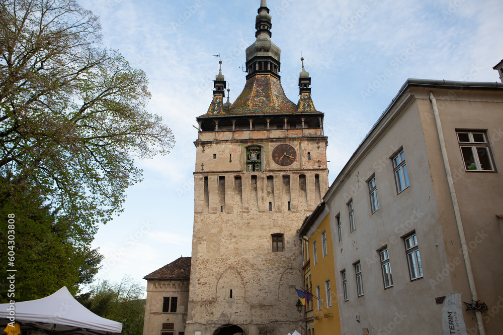 A beautiful medieval citadel city of Sighisoara in the heart of Romania, Transylvania travel destination in Eastern Europe.