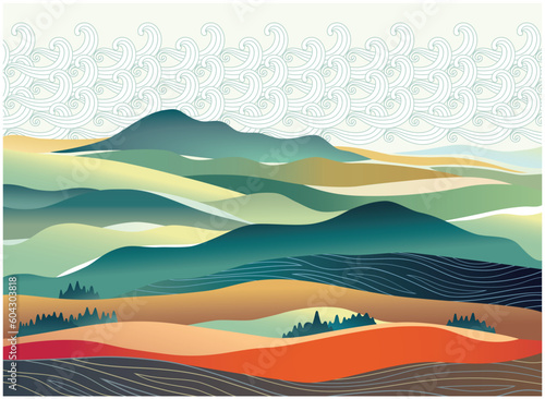 Decorative, stylized mountainous landscape, background compatible with graphic ornamental elements. Vector illustration.
