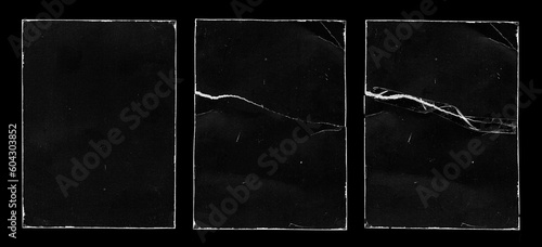 Set of Old Black Empty Aged Vintage Retro Damaged Paper Cardboard Photo Card. Blank Frame. Front and Back Side. Rough Grunge Shabby Scratched Texture. Distressed Overlay Surface for Collage