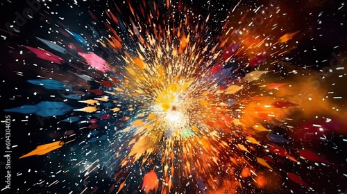 A bright, abstract background featuring exploding digital particles, shot with a fisheye lens under artificial light, using a high contrast film for a striking, energetic feel - Generative ai photo