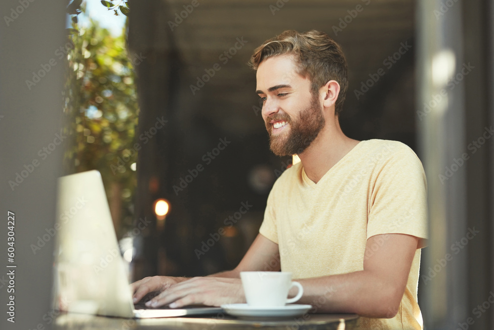 Coffee shop, remote work and happy man typing laptop project, research report or customer experience insight. Cafe website, freelance blog writer and person doing internet search in restaurant store Coffee shop, remote work and happy man typing laptop project, research report or customer experience insight. Cafe website, freelance blog writer and person doing internet search in restaurant store