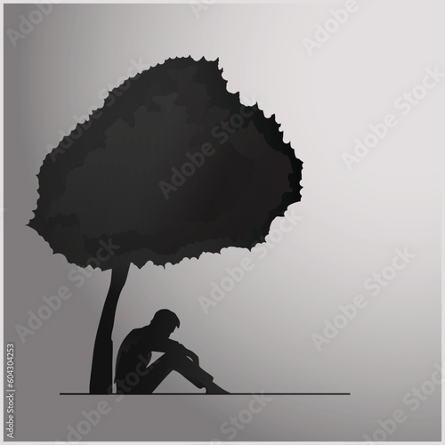 man sitting alone, felling sad fear depressed worry dark  black background, silhouette of a man