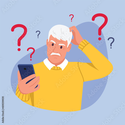 Vector illustration of an elderly man who is confused. Cartoon scene with a gray-haired man who has many questions and does not know how to use the phone isolated on a blue background.