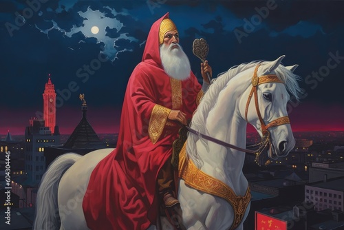 Sinterklaas on his white horse on the rooftops at night, a scene for the traditional Dutch holiday Sinterklaas or saint nicholas, created with generative ai
