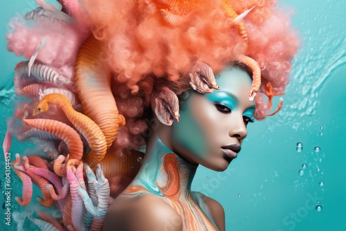 Young black sea witch woman with colorful fish in hair, in the style of light turquoise and light pink, created with generative ai photo
