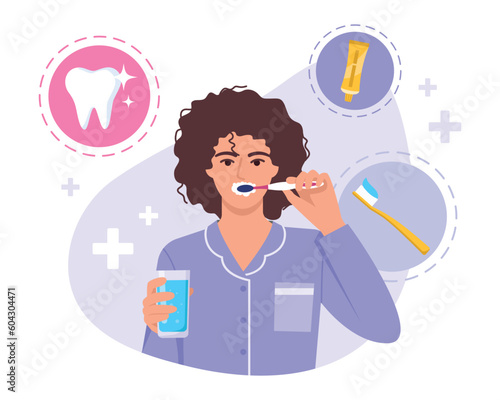 Vector illustration of a girl taking care of her teeth. Cartoon scene with a curly girl brushing her teeth with a toothbrush and toothpaste, observing oral hygiene isolated on a white background.