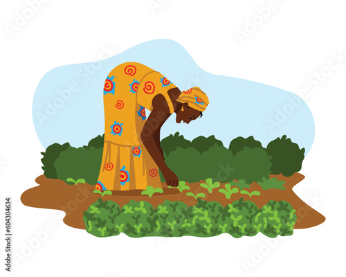 Vector illustration of an African woman working in the field. Cartoon scene with a woman in colorful clothes, a dress and a headdress with patterns working in the field isolated on a white background.