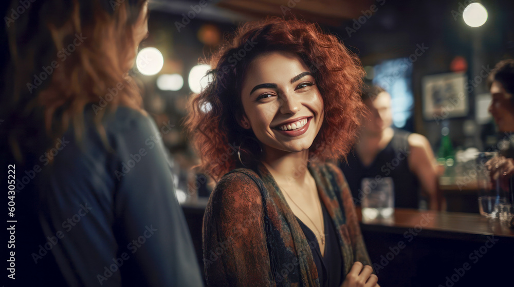 Portrait of a beautiful young woman sitting in a bar and smiling. Generated AI