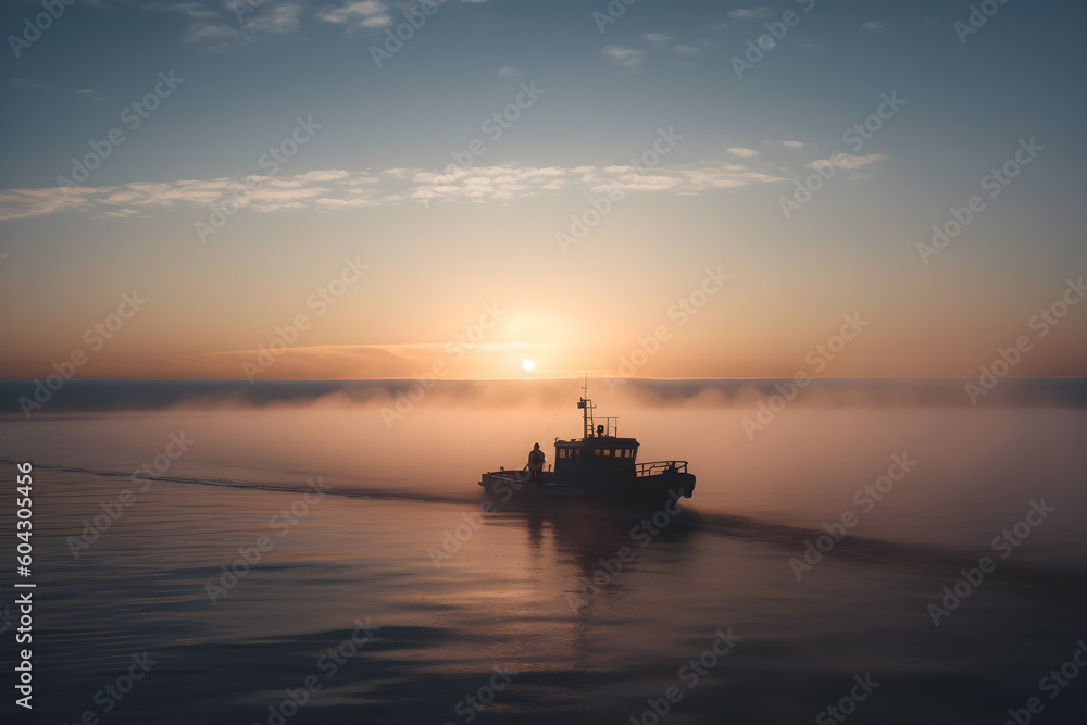 baltic sea, sunrise on the left side, a lot of colorful clouds, fog, misty morning, epic light, cinematic light, boat, 24 mm focal lenght, hyperrealistic, hgdr , generative AI