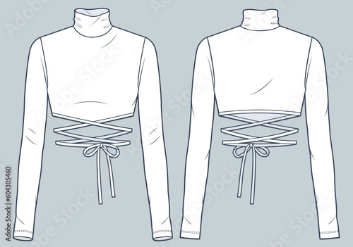 Long Sleeve Tie Top fashion flat technical drawing template. Women's Crop Top technical fashion Illustration, roll neck, slim fit, front and back view, white, women CAD mockup.