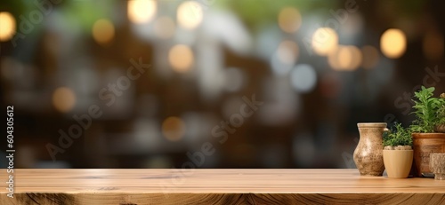 Abstract Decorations. Restaurant Interior with Empty Wooden Table. Setting the Stage for Product.