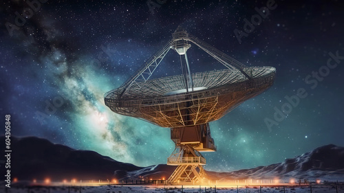 Big telescope, a large satellite dish against the night sky tracks the stars. Technology concept, search for extraterrestrial life, wiretap of space. 