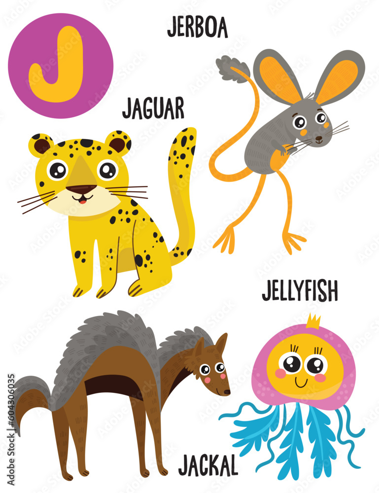 English alphabet with cute animals vector illustrations set. Funny cartoon animals: jaguar, jackal, jerboa, jellyfish. Alphabet design in a colorful style.