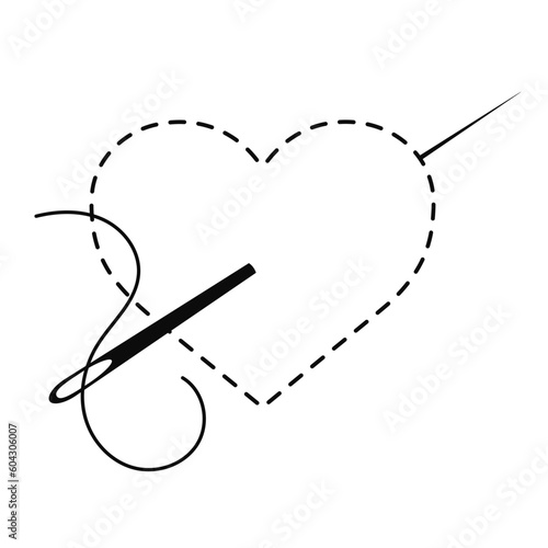 Silhouette of heart with interrupted contour. Vector illustration of handmade work with embroidery thread and sewing needle on white background.