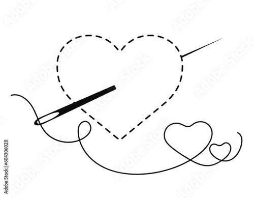 Silhouette of heart with interrupted contour. Vector illustration of handmade work with embroidery thread and sewing needle on white background.