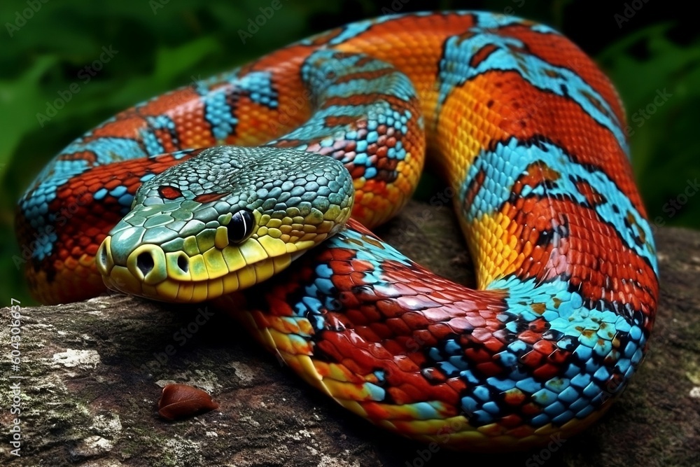 Bright colored snake close-up. Generative AI. Bright colored snake close-up. Generative AI.
