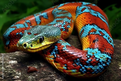 Bright colored snake close-up. Generative AI. photo