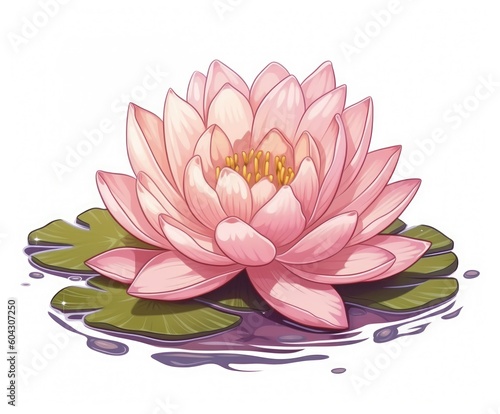 Illustration of a lotus flower image in pink and green  inspired by serene and peaceful landscapes and meditation. Generative AI