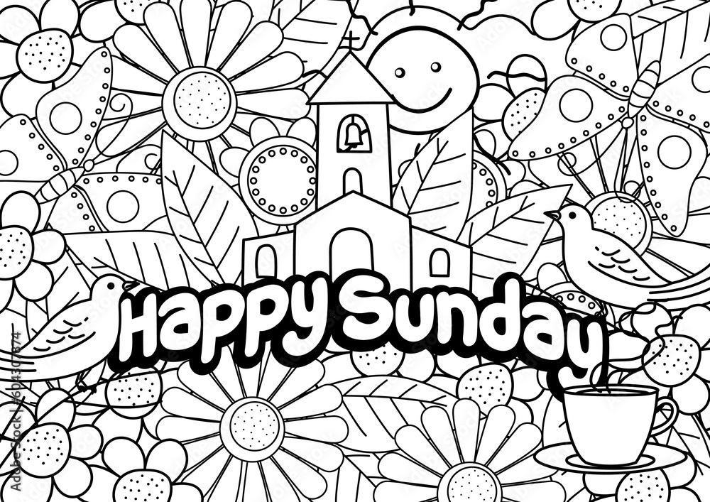 Happy Sunday typography text vector illustration with Church doodle decoration