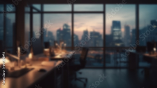 Blurred workplace with cityscape, office in the evening, interior for AI generated business presentation background