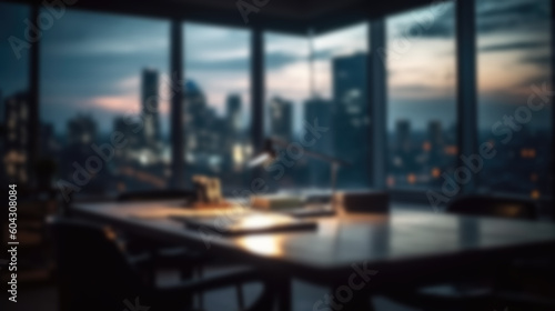 Blurred workplace with cityscape, office in the evening, office in the morning, desktop interior for AI generated business presentation background