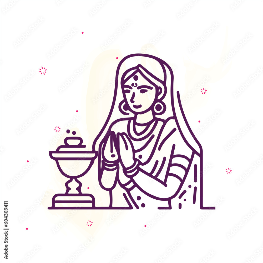 Indian Woman Doing puja line art vector Indian Woman Doing puja line art vector
