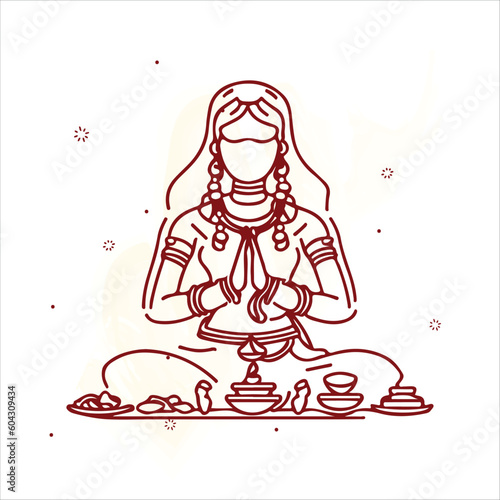 Indian Woman Doing puja line art vector 