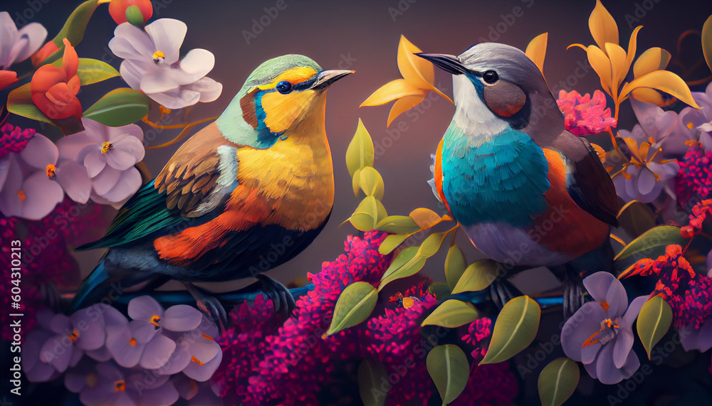 Obraz premium Two colorful birds sitting on some flowers, peaceful, lovely