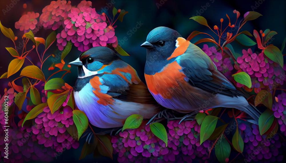 Fototapeta premium Two colorful birds sitting on some flowers, peaceful, lovely