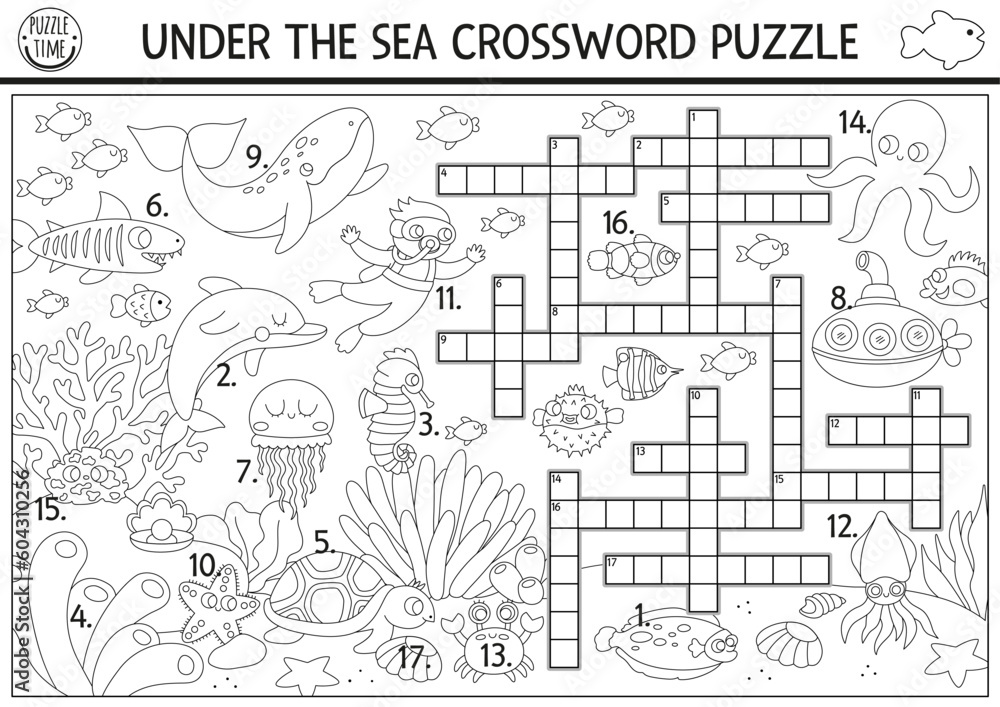 Vector black and white under the sea crossword puzzle for kids. Simple ocean life line quiz with marine landscape for children. Educational activity, coloring page with fish, submarine, water animals.