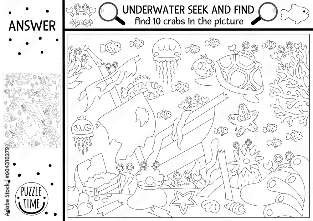 Vector black and white under the sea searching game with sea landscape, wrecked ship. Spot hidden crabs. Simple ocean life seek and find printable activity, coloring page for kids. Water animal hunt.