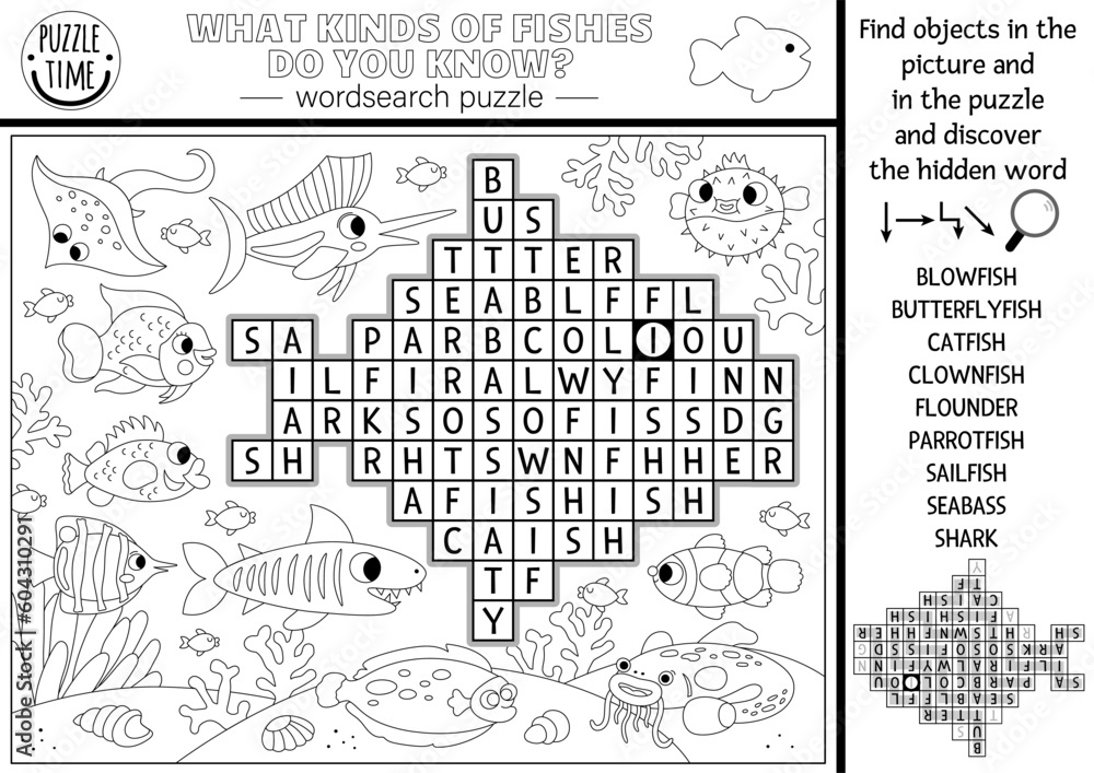 Vector black and white under the sea word search puzzle for kids. Simple ocean life line word search quiz for children. Water animals and fish coloring page. What kinds of fishes do you know.