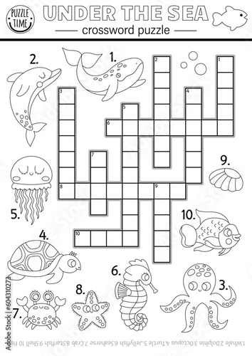 Vector black and white under the sea crossword puzzle for kids. Simple line ocean life quiz with for children. Educational marine activity, coloring page with fish, water animals, whale, dolphin.