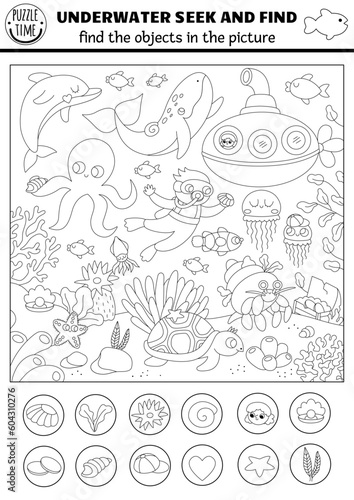 Vector black and white under the sea searching game with sea landscape, submarine, diver. Spot hidden objects. Simple ocean life seek and find printable coloring page for kids. Water animals hunt.
