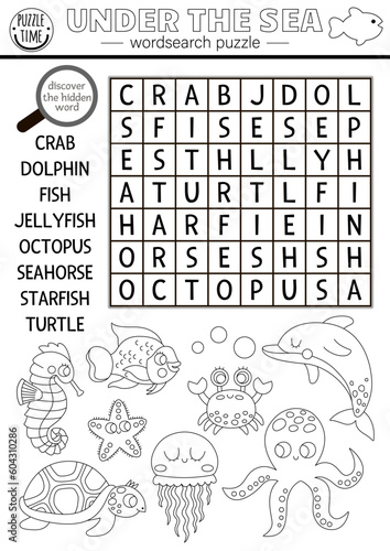 Vector black and white under the sea word search puzzle for kids. Simple easy line ocean life word search quiz. Water animals and fish educational activity, coloring page with octopus, crab.