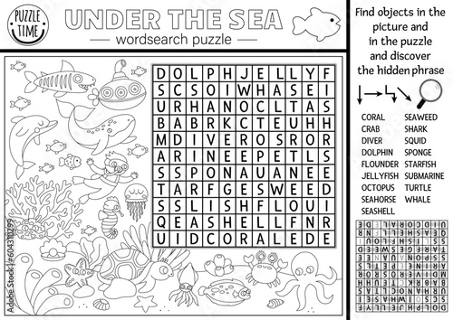 Vector black and white under the sea word search puzzle for kids. Simple ocean life line word search quiz for children. Water animals and fish educational activity, coloring page with octopus, diver.