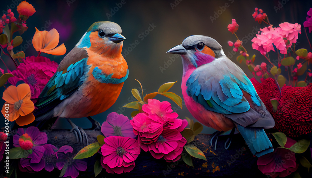 Obraz premium Two colorful birds sitting on some flowers, peaceful, lovely