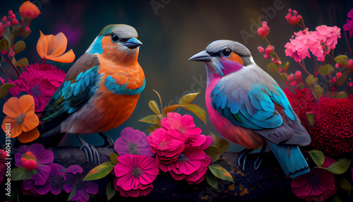 Two colorful birds sitting on some flowers, peaceful, lovely © 대연 김