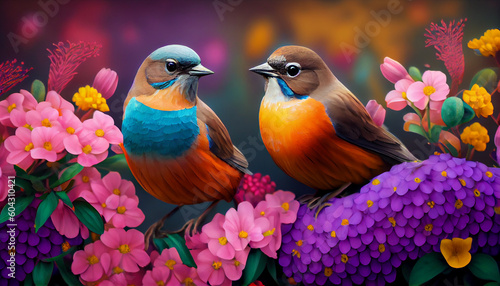 Two colorful birds sitting on some flowers, peaceful, lovely