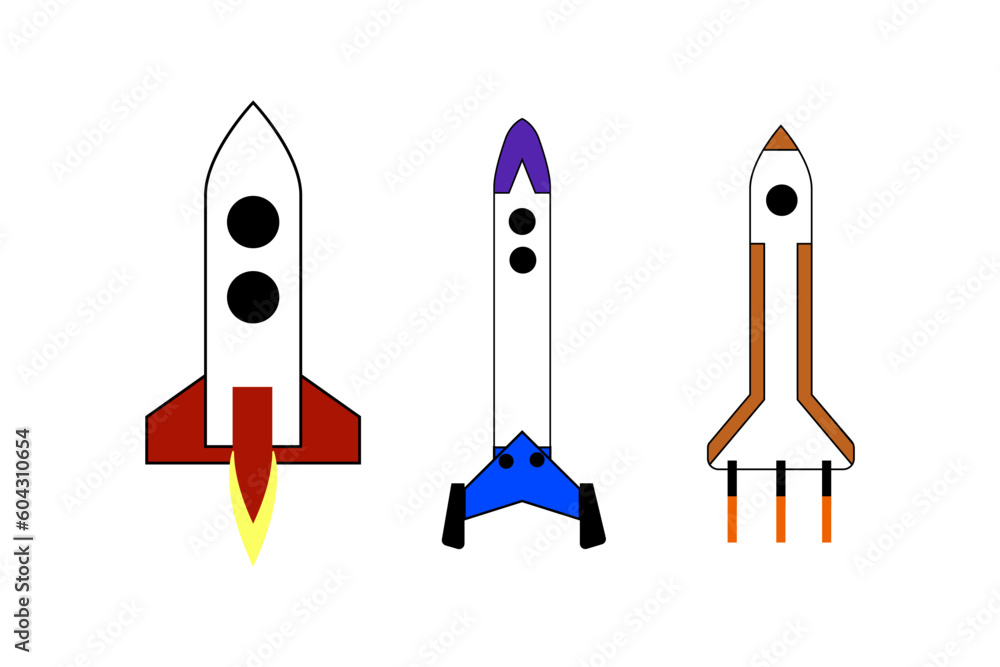 Set of rocket vector art. Launch spaceship or spacecraft. Rocket fast flying for space. Set of rocket vector art. Launch spaceship or spacecraft. Rocket fast flying for space.