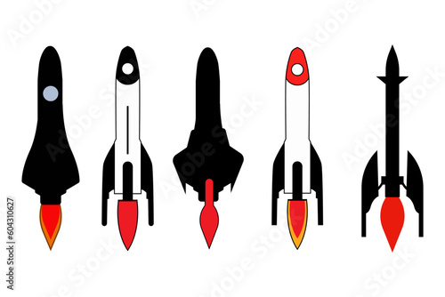 Set of rocket vector art. Launch spaceship or spacecraft. Rocket fast flying for space.
