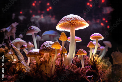 Close up of psychedelic mushrooms growing in a lab with neon lighting with top lighting | research into psychedelic mushroom therapy 