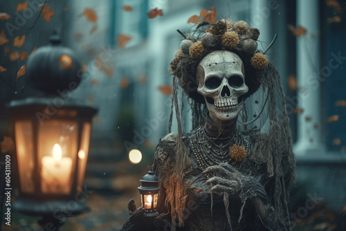 Halloween. The souls of the dead returned to their homes. Pumpkins, witches, skeletons, sorceresses, spirits of the dead, dark night, candies, scary, candles. Generative AI © Ирина Батюк