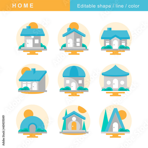 A set of colorful house icons on a white background