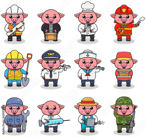 Cartoon Pig in professional uniform. Vector set of Pig different professions. Vector characters with jobs different occupation. Different jobs professionals. Isolated vector icons set