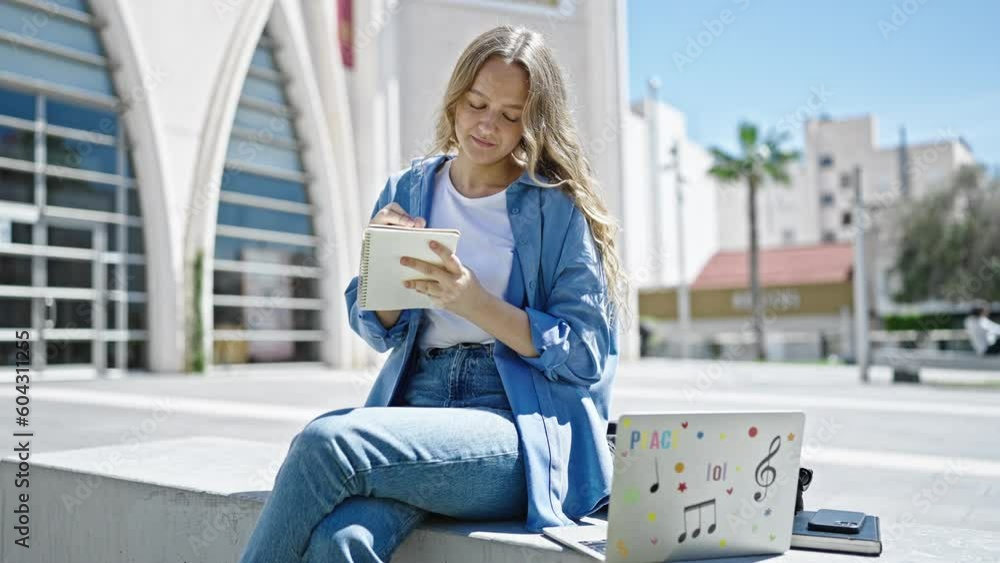 Young blonde woman student writing on notebook using laptop at university