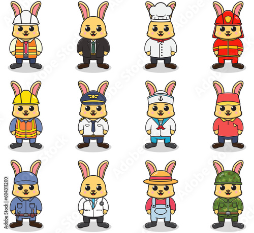 Vector set of cute Rabbit with different professions. Cartoon cute Rabbit dressed in different occupation uniform. Vector characters with jobs different occupation.