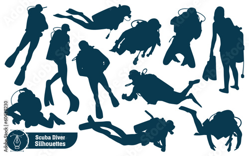 scuba divers or scuba diving Silhouettes Vector Illustration