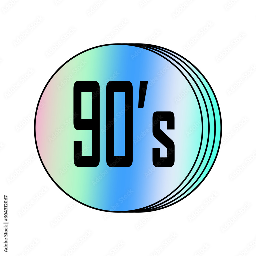 Holographic rainbow sticker with the inscription 90s isolated on a white background. Gradient icon in trendy design style Y2K. Holographic rainbow sticker with the inscription 90s isolated on a white background. Gradient icon in trendy design style Y2K.